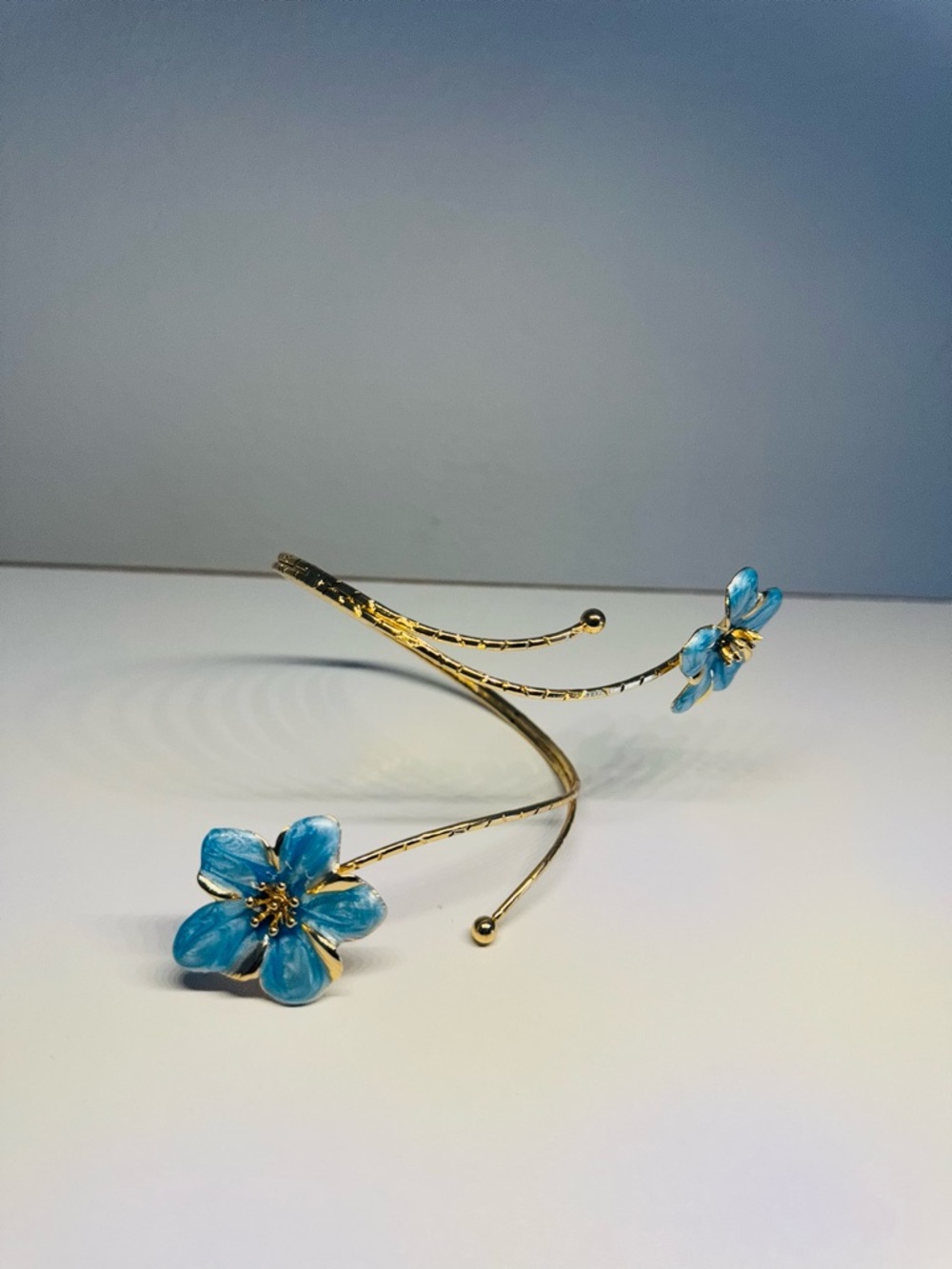 Gold-Tone Blue Flower Cuff Bracelet - Elegant Floral Women’s Accessory